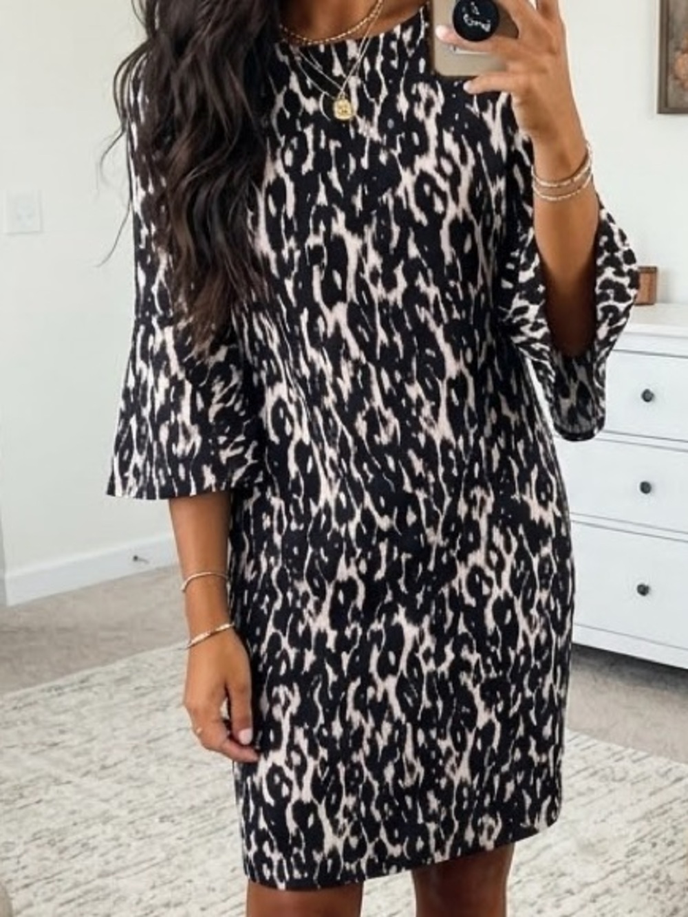 Calvin Klein Bell Sleeve Abstract Leopard Print Sheath Dress US 10